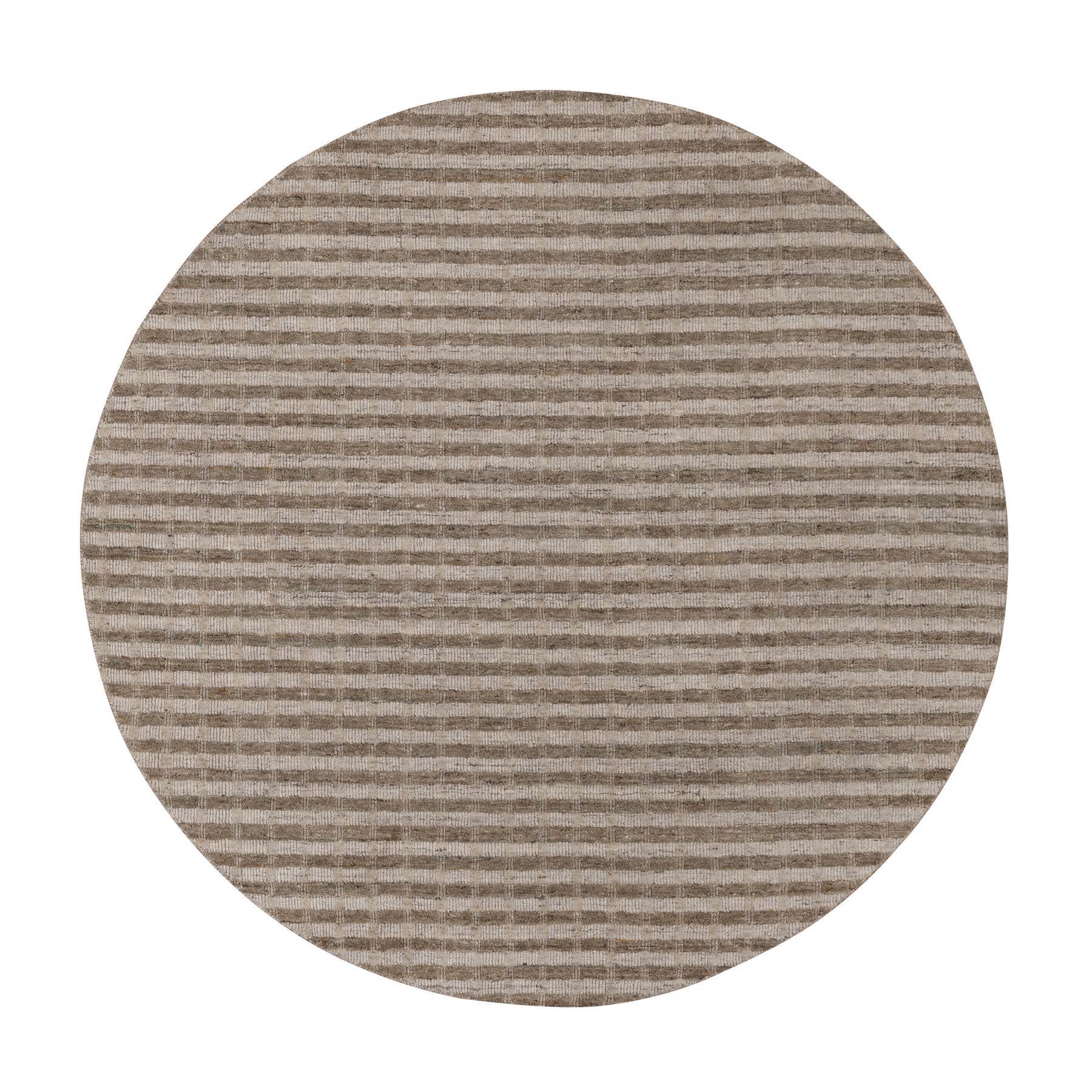 Tan and Chocolate Brown, Vertical Stripes Design with Salt and Pepper Effect, Hand Loomed, Undyed Natural Wool, Round, Oriental Rug